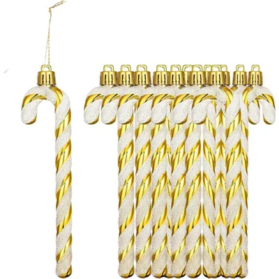 Productafbeelding van Kerstornamenten, suikerstok-vorm, 12 stuks, wit-goud, 13 cm