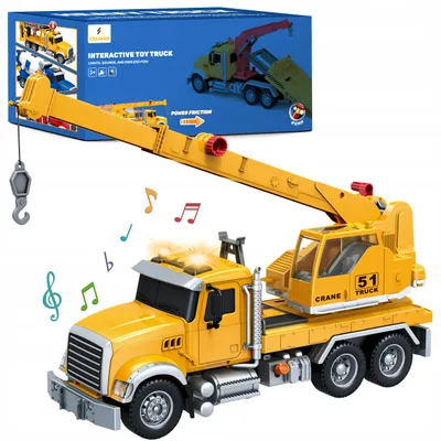 Immagine prodotto di Camion gru giocattolo 1:12 a frizione con luci e suoni – grande gru da cantiere con braccio girevole e gancio, mezzo da costruzione per bambini
