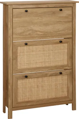 Image de HOMCOM Meuble chaussure entrée, armoire à chaussures avec 3 tiroirs à portes abattants effet cannage rotin et étagère réglable, meuble d'entrée et couloir 18 paires - 80 x 23,5 x 121,5 cm bois naturel