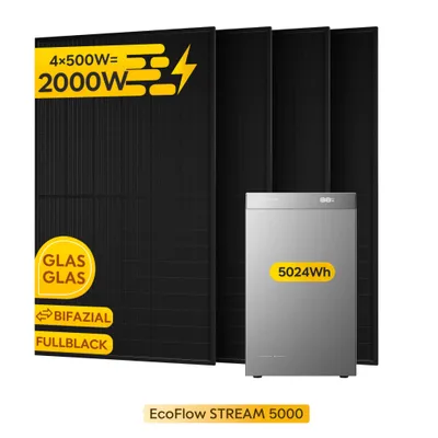 Produktbild von Powerness® Balkonkraftwerk mit Speicher 5024Wh, EcoFlow Stream 5000 Speicher und 4 x 500W Full Black Bifaziale Solarmodule (0% MwSt)