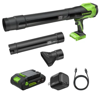 Obrázok produktu pre Akumulátorový fúkač listov Greenworks 24V s batériou 4Ah a nabíjačkou 65W. Výkon: 209 km/h, objem vzduchu: 7,65 m³/min