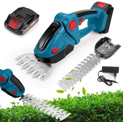 Produktbild von Akku Heckenschere, Kabellose Grasschere, Elektrische Rasentrimmer, Grasschneider, Elektrischer Strauchschere, mit 2 Klingen, 1 Akku und 1 Ladegerät