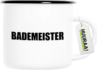 Produktbild von Huuraa Emaille Tasse Bademeister Schriftzug 300ml Vintage Campingbecher Geschenkidee