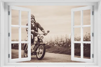 Produktbild von Wallario Wandbild mit Fenster-Illusion: Simson Fahrer in der DDR in Sepiafarben, Größe: 61 x 91,5 cm, Poster mit rahmenlosen Bildhalter