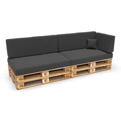 A modular sofa made from wooden pallets with dark gray cushions, shown against a white background.