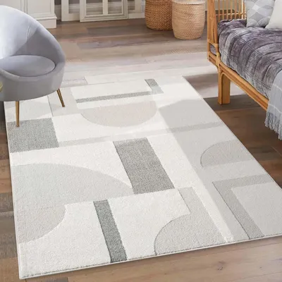 Produktbild von Kurzflor Teppich Grau, Creme - 200x290 cm - Wohnzimmer-Teppiche 3D-Effekt - Geometrisches Muster