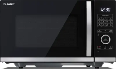 A front view of a black Sharp microwave oven on a light gray background.