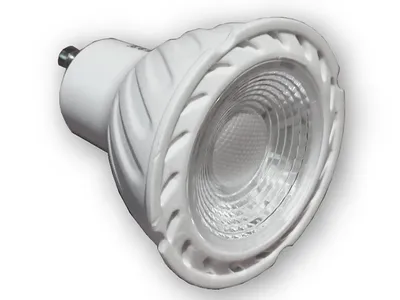 A white LED light bulb with a GU10 base is shown against a white background.
