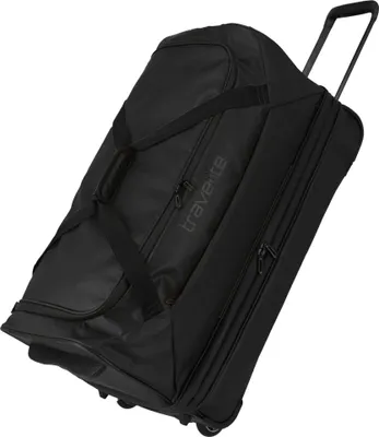 A black rolling travel bag is shown against a white background.