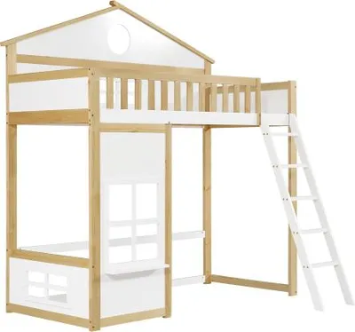 Produktbild von Etagenbett Weiss 90x200cm (Ohne Matratze) Kinderbett Hausbett, Bettgestell aus Kiefer und MDF mit Leiter undausziehbarem Bett und 3 Schubladen