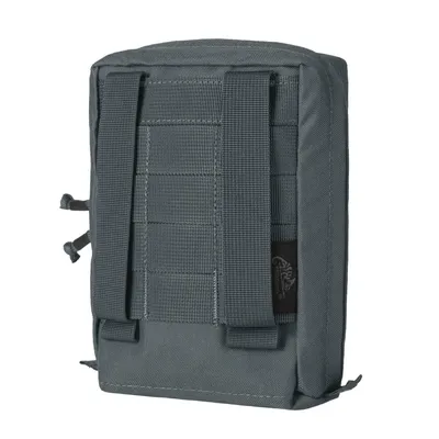 Back view of a gray tactical pouch with MOLLE webbing.