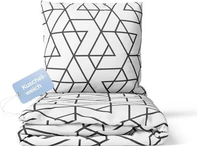 Produktbild von Bettwäsche 155x220 cm 4 teilig Weiß Bettbezug Schwarz geometrisch gemustert 100% Mikrofaser Bügelfrei
