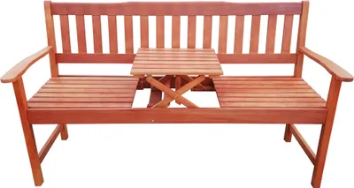 A wooden garden bench with an integrated table.