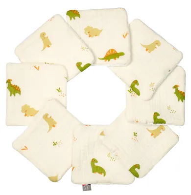 Image de Lingettes lavables pour bébé, lot de 8, motif dinosaure - 10 x 10 cm - Écru | par SEVIRA KIDS