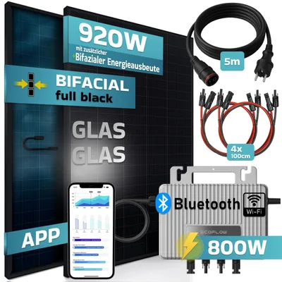 Produktbild von SUNNIVA® 920W Balkonkraftwerk BIFAZIAL FULLBLACK komplett Steckdose Ecoflow 800W Wechselrichter, PV Solaranlage, 5m Kabel, Bluetooth WIFI