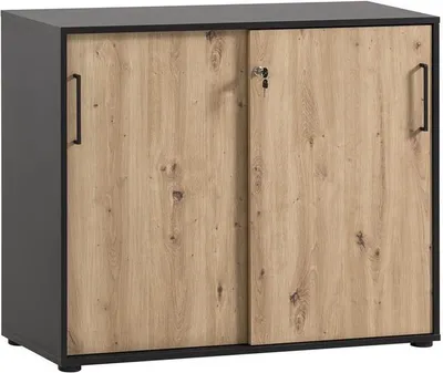 Produktbild von Möbelpartner Aktenschrank Raven | Large | HxBxT 84x100x41cm | 2 Fächern & 2 abschließbare Schiebetüren | Eiche/Schwarz