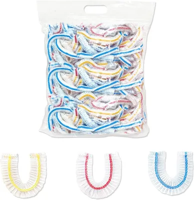 A bag of disposable food covers and three individual food covers in different colors.