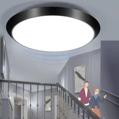 Productafbeelding van ZMH LED plafondlamp. Slim, zwart, met bewegingssensor. Neutraal witte plafondlamp. Geschikt voor de hal. IP44, 15W, 30cm. Geschikt voor winkels, keukens