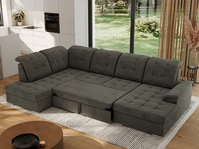 Produktbild von MKS MEBLE Ecksofa Wohnlandschaft U-Form, Sofa mit Schlaffunktion, Schlafsofa mit bettkasten, Couch mit Schlaffunktion - Dunkelgrau Velvet - Madrito U - links