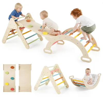 Productafbeelding van COSTWAY 3-in-1 Montessori Klimset, klimrekset met klimdriehoek, klimboog, helling en afneembaar kussen, binnenspeelgoed voor kinderen vanaf 1 jaar