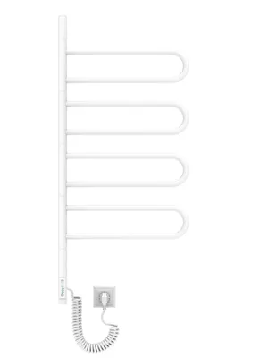A white electric towel dryer with four foldable arms is shown against a white background.