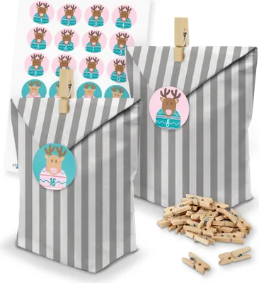 Produktbild von itenga SET Adventskalender 24 x Tüten Streifen + Klammern + Zahlensticker (Z44)