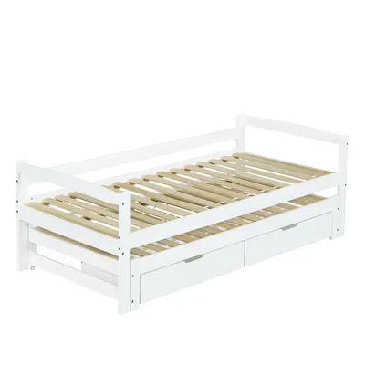Produktbild von Einzelbett mit Gästebett, Lattenrost und 2 Schubladen, 90x200 cm, Massivholzbett, Jugendbett