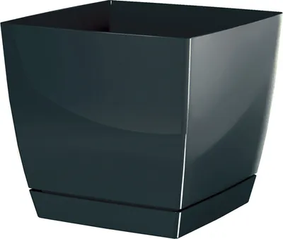 A dark gray square planter with a matching saucer, isolated on a white background.