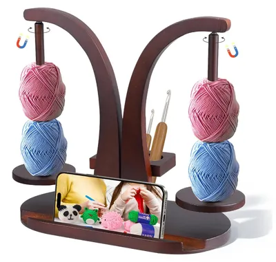 Produktbild von Magnetischer Wollabwickler aus Holz - Doppel Garnhalter Ständer mit Strickzubehör Organizer - Garnballhalter für Häkeln & Stricken - Platzsparend & Drehbar