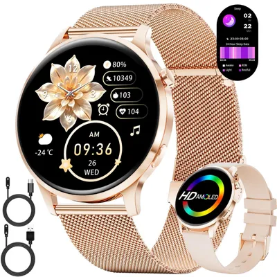Zdjęcie produktu dla Inteligentny zegarek damski, okrągły, z funkcją telefonu, cienki, AMOLED, elegancki, dla kobiet, kompatybilny z Android i iOS, sportowy zegarek z monitorowaniem tętna i snu, kolor złoty, obudowa ze stali nierdzewnej