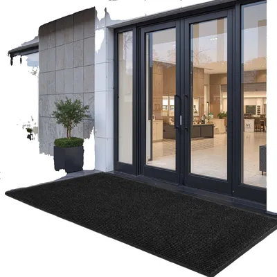 Productafbeelding van VEVOR vuilafschuifmat, 2438x1219 mm, binnen- en buitenmat, antislipmat met PVC-achterkant, deurmat, wasbare instapmat voor hal, balkon, garage, gestreept, grijs