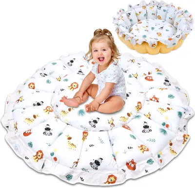Produktbild von Krabbeldecke für Baby groß Krabbelteppich aus Velvet 130 cm – als Babynest Nestchen Laufstall trockener Pool Spieldecke xxl gepolstert mit Kordelzug Safari