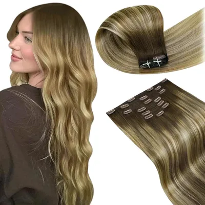 Obrázek produktu pro Clip-in prodlužovací vlasy, přírodní vlasy, balayage, hnědé s blond barvou, 7 kusů, 120 g, 40 cm