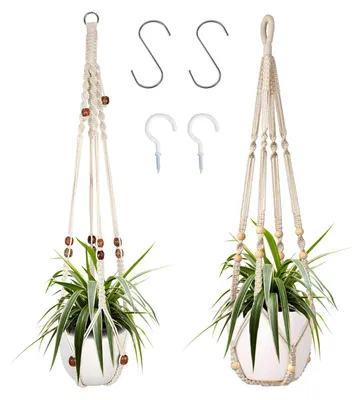 Produktbild von Pflanzenhänger Makramee Blumenampel - Naturbaumwolle - 2 Stück - Weiß - 89 cm - Für Innen und Außen