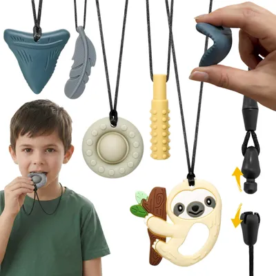 Produktbild von CLDY Set mit sensorischen Beißringen für Kinder, therapeutische Halskette, Silikon-Beißringe für Jungen – 5 Stück