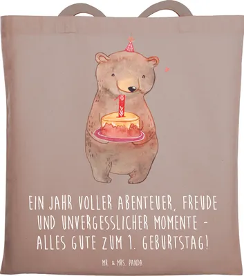 Produktbild von Mr. & Mrs. Panda Tote Bag 1. Geburtstag Abenteuer - Braun Pastell - Geschenk, einkaufsshopper, Jutebeutel, Tasche, Geburtstagsgeschenk, Laptoptasche, Kleinkind, Lächeln