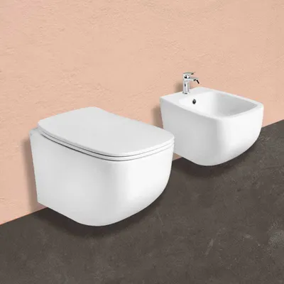 Produktbild von Bidet und WC aus Keramik, Toilettensitz aus Thermoplast, glänzend weiße Ausführung | Mozart