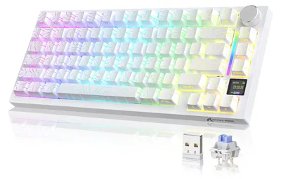 Zdjęcie produktu dla Mechaniczna klawiatura z wyświetlaczem TFT, układ 75%, łączność 2,4 GHz/Bluetooth/przewodowa, możliwość wymiany przełączników bez odłączania, kompatybilna z PC/MAC (biała)