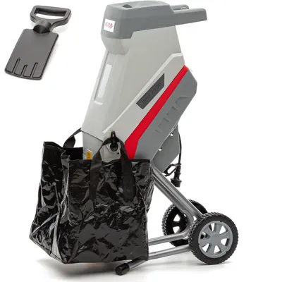 A garden shredder with two collection bags and a pusher tool, shown against a white background.