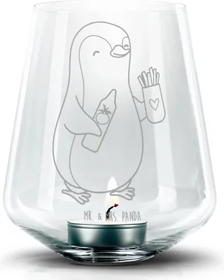 Produktbild von Mr. & Mrs. Panda Kerzenglas Pinguin Pommes - Transparent - Geschenk, Hochzeitstag, Freundin, Jahrestag, für, Kerzenhalter, Valentinstag, Windlicht graviert, Laterne, Glas