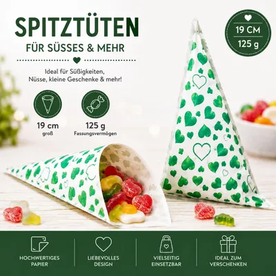 Produktbild von Spitztüten, Grüne Herzen, PGV, 19 cm / 125 g, 200 Stück