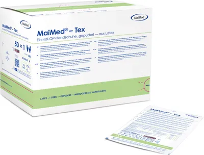 Produktbild von MaiMed-Tex-steril Gr. 7 1/2, leicht gepudert Latex-OP-Handschuhe zu 50 Paar/Box | Box (50 Stück)