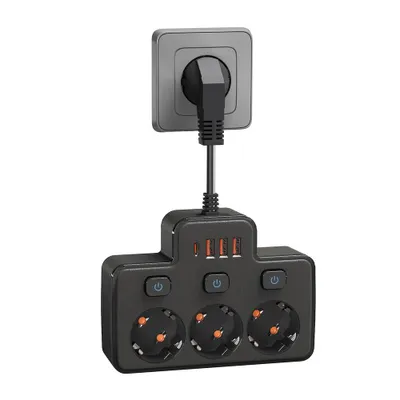 Produktbild von Steckdosenleiste mit USB, 3 Fach Mehrfachsteckdose Mit Einzelschalte Mehrfachsteckdose Mit 3 USB & 1 Type-C (5V 2,1A) für Küche Wohnzimmer Schlafzimme