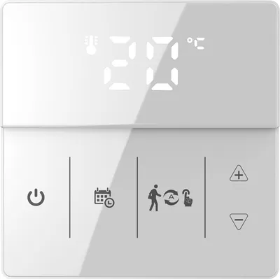 A white digital thermostat with a clear display and control buttons.