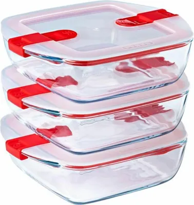 Zdjęcie produktu dla Cook & Heat kwadratowa miska z pokrywką do mikrofalówki - zestaw 3 sztuk - szkło - Pyrex
