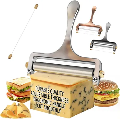 Imagen del producto de Cortador de queso de acero inoxidable, con ajuste de grosor de corte, incluye alambre de repuesto, ideal para mozzarella y quesos duros