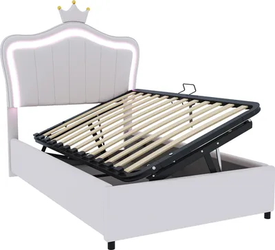Image de Abrihome Lit d'enfant 90x200 cm avec sommier à lattes et éclairage Led, lit rembourré avec tête de lit en forme de couronne, lit de rangement hydraulique, blanc