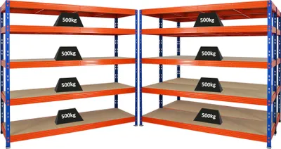 Produktbild von Mega Deal | 3x Profi Schwerlastregal Rhino | HxBxT 180x200x60cm | 5 Spanplatten-Ebenen 8mm | Fachlast 500kg | Blau/Orange