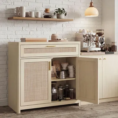 Produktbild von VASAGLE Küchenschrank im Boho-Stil, Türen Rattan-Optik, Sideboard, verstellbare Ablage, Schublade, Wohnzimmer, beige