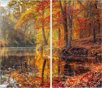 Produktbild von Spritzschutz Herdabdeckplatte Schneidebrett aus Glas Herbstwald See 2-Teilig (60x52cm)